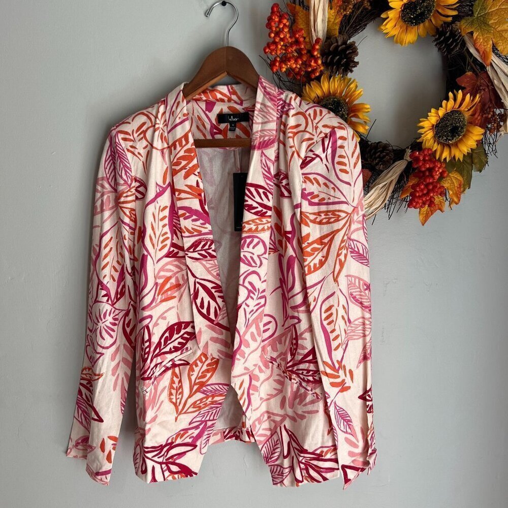 Lulus Tropical Open Front Blazer Small Red Pink Linen Blend Resort Preppy Boho
